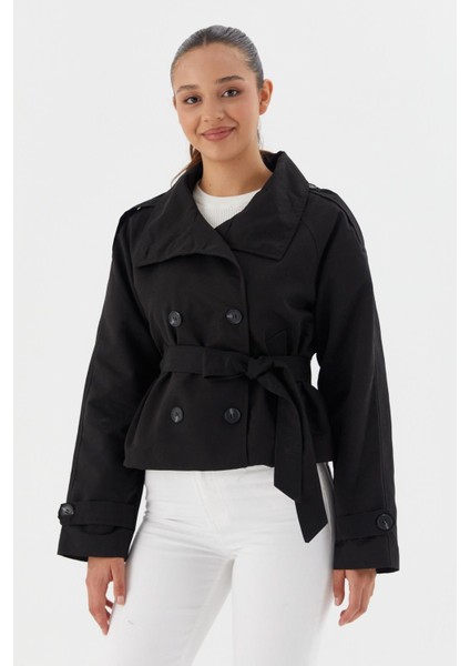 Beli Kuşaklı Crop Trençkot Sıyah