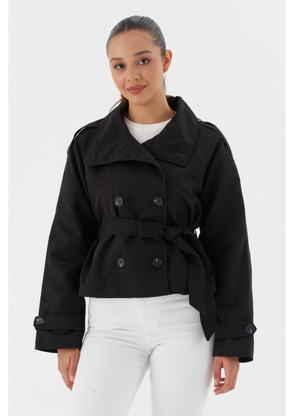 Beli Kuşaklı Crop Trençkot Sıyah fiyatları