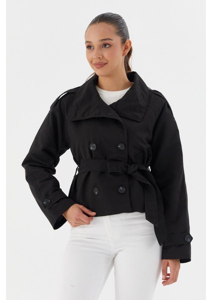 Beli Kuşaklı Crop Trençkot Sıyah modelleri