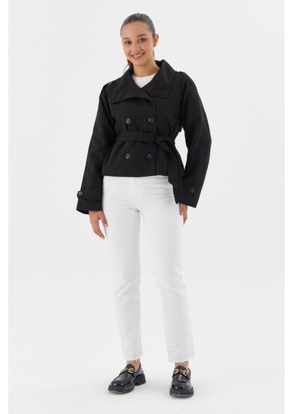 Beli Kuşaklı Crop Trençkot Sıyah fırsatları