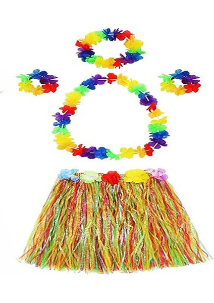 Yetişkin ve Çocuk Uyumlu Luau Ha Hawaii Kolye Renkli Etek Taç ve Bileklik Seti