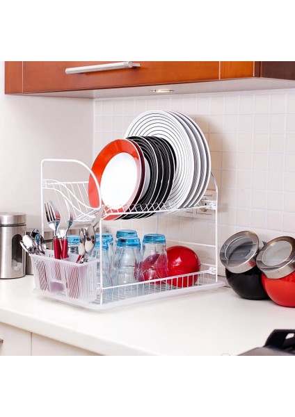 Iki Katlı Metal Tabaklık - Bulaşıklık Beyaz