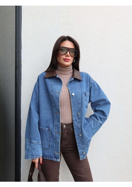 Deri Yaka Açık Cep Denim Ceket fiyatları