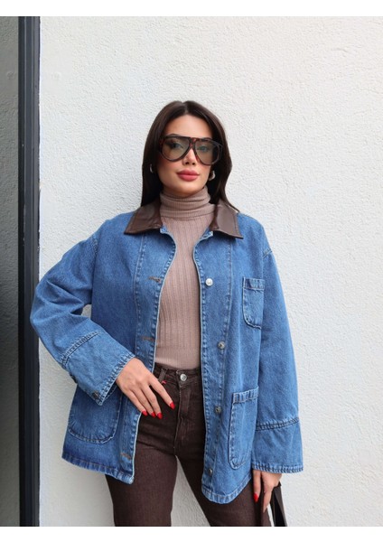 Deri Yaka Açık Cep Denim Ceket fırsatları
