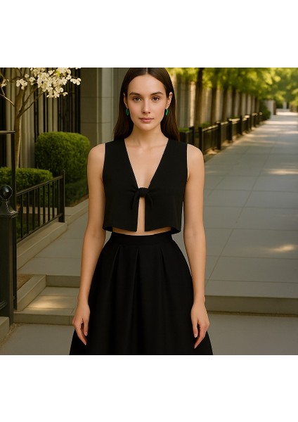 Kadın Saten Önden Bağlamalı Siyah Bustiyer