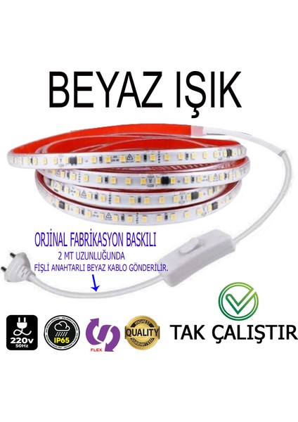 220V Şerit LED Yüksek Işık Fişli ve Anahtarlı Beyaz Işık 1 Metre ((Adaptör Trafo Yok Tak Çalıştır))