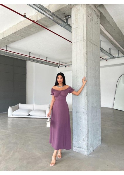 Kemerli Kol Lastikli Madonna Yaka Elbise MOR582079 fiyatları