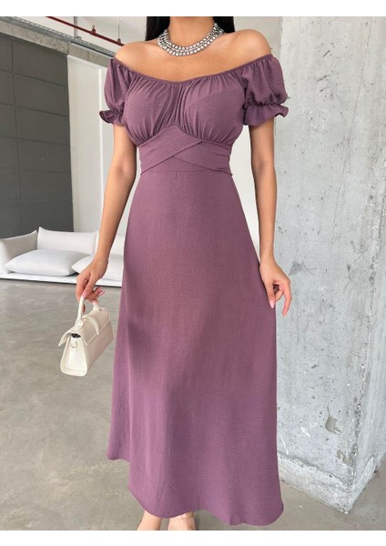 Kemerli Kol Lastikli Madonna Yaka Elbise MOR582079 modelleri