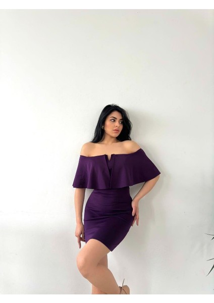 Düşük Omuz Mini Scuba Elbise 58985 Mor