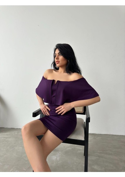 Düşük Omuz Mini Scuba Elbise 58985 Mor fiyatları