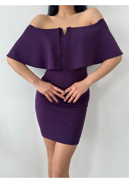 Düşük Omuz Mini Scuba Elbise 58985 Mor modelleri