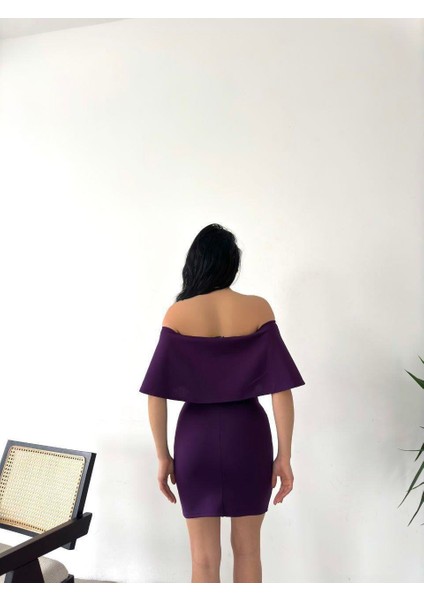 Düşük Omuz Mini Scuba Elbise 58985 Mor fırsatları
