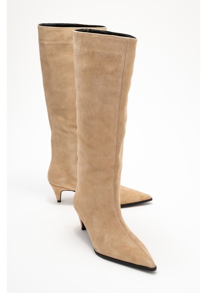 Sıora Bej Süet Hakiki Deri Kadın Kısa Topuklu Çizme