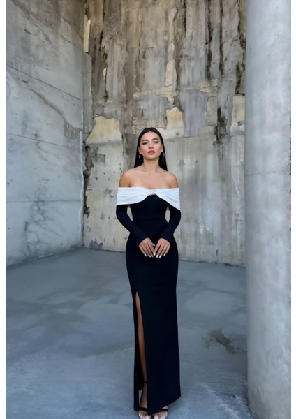 Esnek Krep Kumaş Fiyonk & Taş Detaylı Uzun Kol Abiye Elbise 583353 Siyah