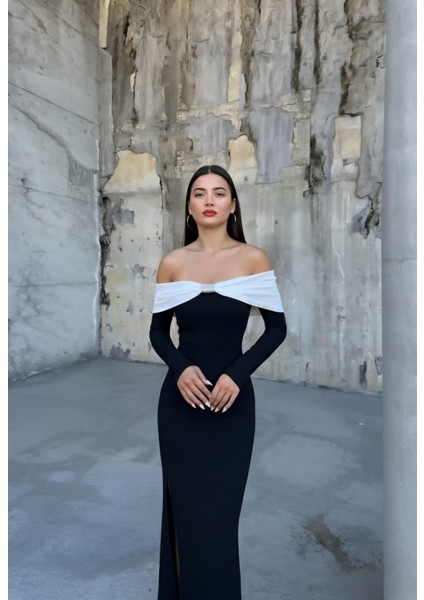 Esnek Krep Kumaş Fiyonk & Taş Detaylı Uzun Kol Abiye Elbise 583353 Siyah fiyatları