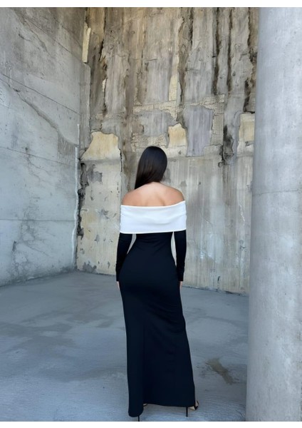 Esnek Krep Kumaş Fiyonk & Taş Detaylı Uzun Kol Abiye Elbise 583353 Siyah modelleri