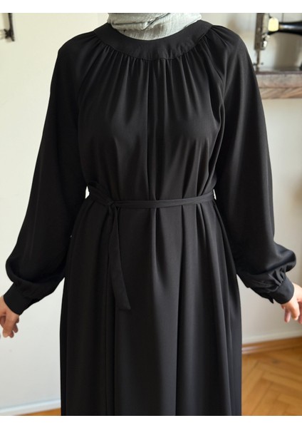 Siyah Reglan Kollu Büzgülü Elbise 5089