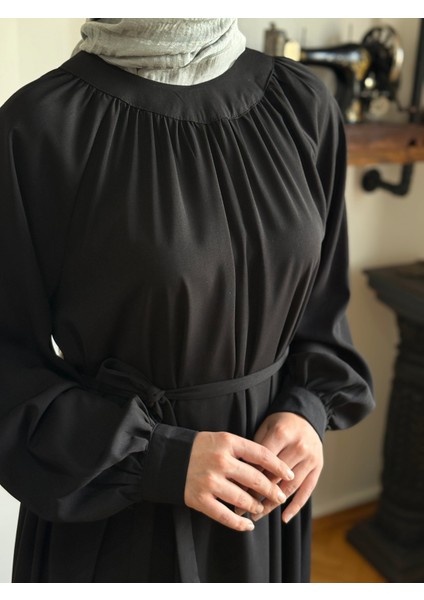 Siyah Reglan Kollu Büzgülü Elbise 5089 modelleri