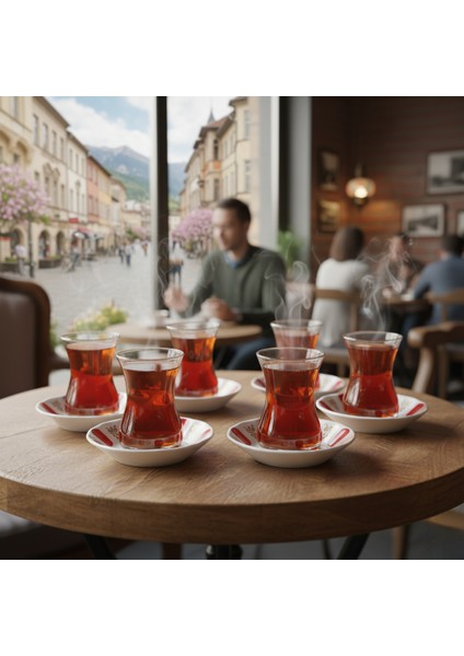 6'lı Çay Bardağı 130CC ve Porland Porselen 6'lı Çay Tabağı Set (Kolye,küpe Hediyeli)