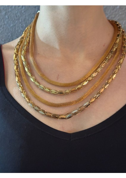 3 Lü Zincir Hasır Tasarım Kadın Kolye 22 cm