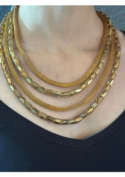 3 Lü Zincir Hasır Tasarım Kadın Kolye 22 cm modelleri