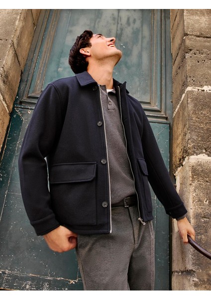 Yeni Sezon Standart Kalıp Gömlek Yaka Erkek Kaşe Mont
