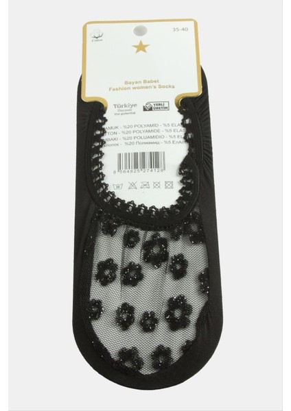 Ds-Derin Çiçek Dantel Babet Çorap-Siyah