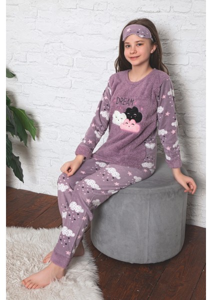 Kız Çocuk Welsoft Kumaş-Göz Bantlı Bulut Baskılı Pijama Takımı 12298 modelleri