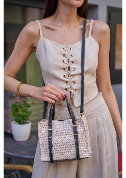 Krem- Siyah Kadın Hasır Detaylı Tokalı El ve Omuz Çantası fiyatları