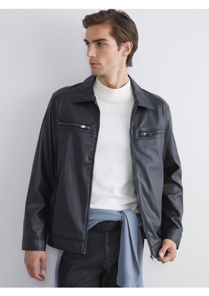 Yeni Sezon Standart Kalıp Gömlek Yaka Erkek Deri Görünümlü Ceket