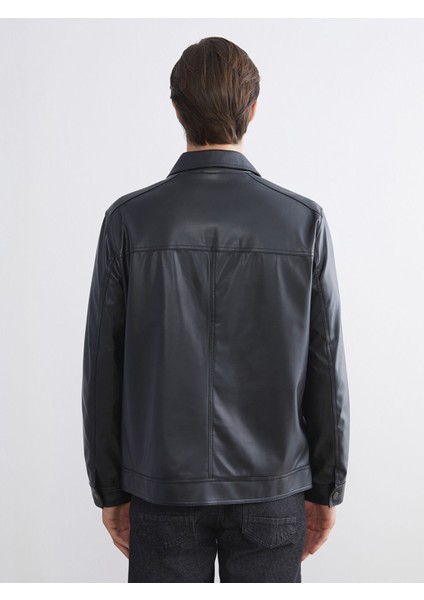 Yeni Sezon Standart Kalıp Gömlek Yaka Erkek Deri Görünümlü Ceket indirimleri