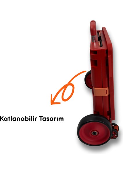 4 Büyük Tekerlekli, 55 Litre Kırmızı Katlanır Alışveriş Arabası