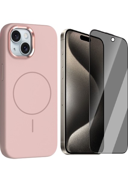 iPhone 14 Kılıf M-Safe Şarj Özellikli Metal Kamera Çerçeveli Zore Edi Silikon Kapak + Hayalet Ekran Koruyucu