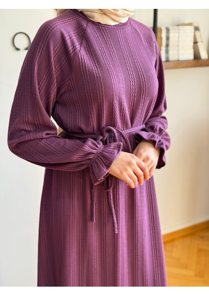 Mürdüm Reglan Kol Saç Örgü Desen Örme Elbise 9923