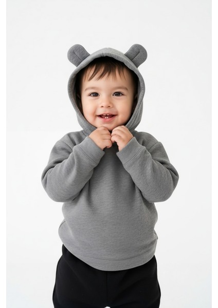 Erkek Çocuk Ayıcık Kulaklı Pamuklu Gri Kapüşonlu Sweatshirt