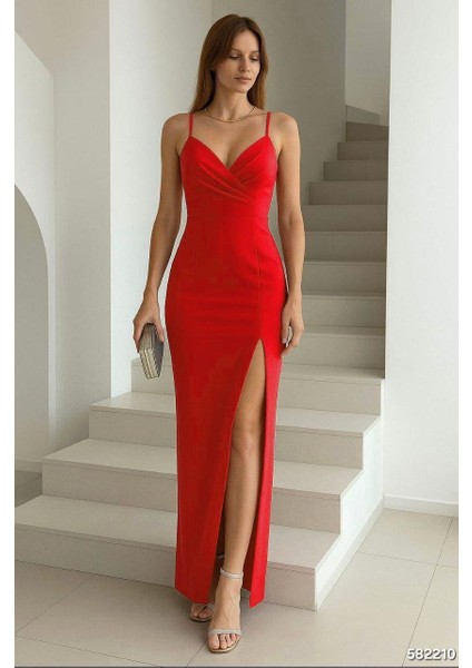 Ince Askılı Yırtmaçlı Balık Elbise Kırmızı 582210