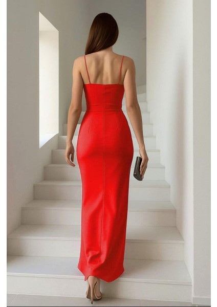 Ince Askılı Yırtmaçlı Balık Elbise Kırmızı 582210 fiyatları