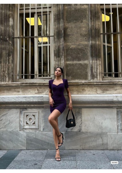 Kalp Yaka Vaktakı Mini Krep Elbise 582982 Mor