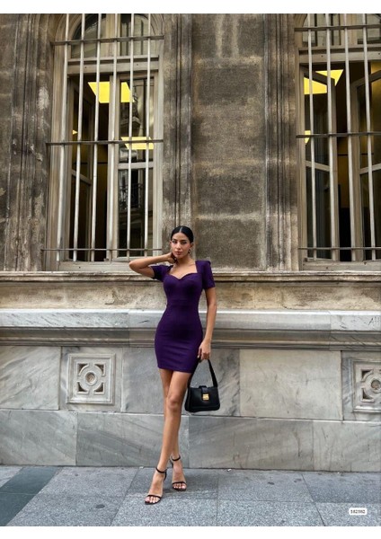 Kalp Yaka Vaktakı Mini Krep Elbise 582982 Mor modelleri