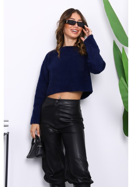 Lacivert Bisiklet Yaka Angora Yumoş Crop Triko Kazak