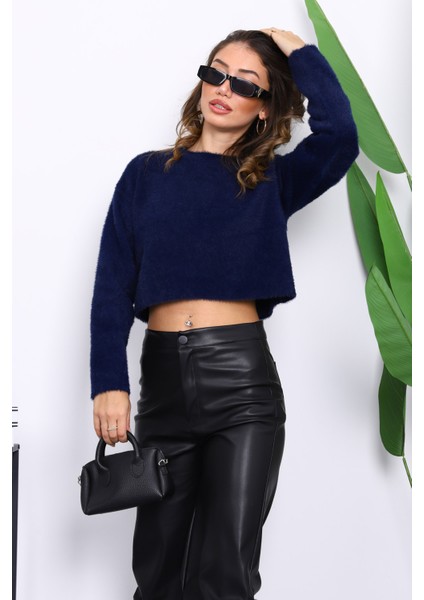 Lacivert Bisiklet Yaka Angora Yumoş Crop Triko Kazak modelleri