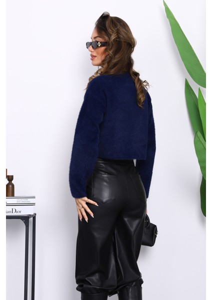 Lacivert Bisiklet Yaka Angora Yumoş Crop Triko Kazak fırsatları