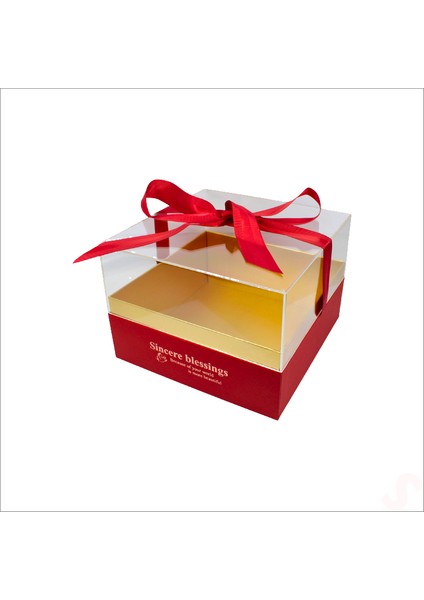 Pleksi Kapaklı Fiyonklu Karton Kutu, 20 x 20 x 14CM - Kırmızı