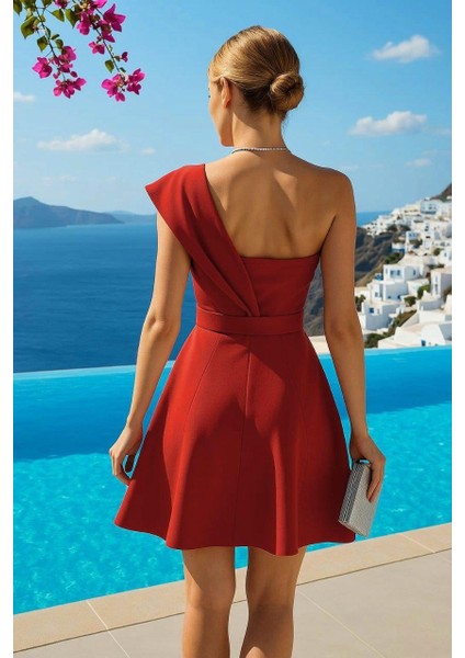 Esnek Dalgıç Kumaş Omuz Detay Tasarımlı Kemerli Mini Abiye Elbise 582093 Bordo fiyatları