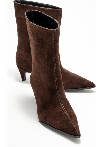 Aleo Kahverengi Süet Hakiki Deri Sivri Burunlu Kadın Kısa Topuklu Bot