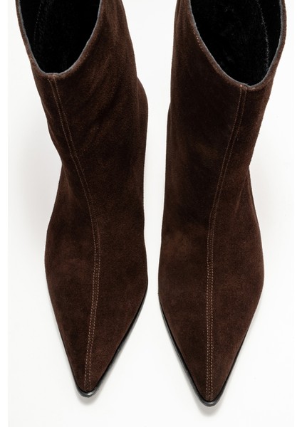 Aleo Kahverengi Süet Hakiki Deri Sivri Burunlu Kadın Kısa Topuklu Bot fiyatları