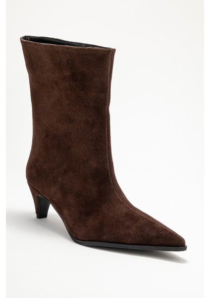 Aleo Kahverengi Süet Hakiki Deri Sivri Burunlu Kadın Kısa Topuklu Bot modelleri