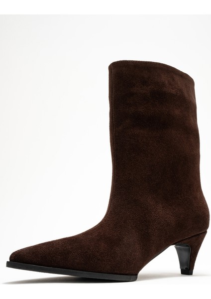 Aleo Kahverengi Süet Hakiki Deri Sivri Burunlu Kadın Kısa Topuklu Bot fırsatları