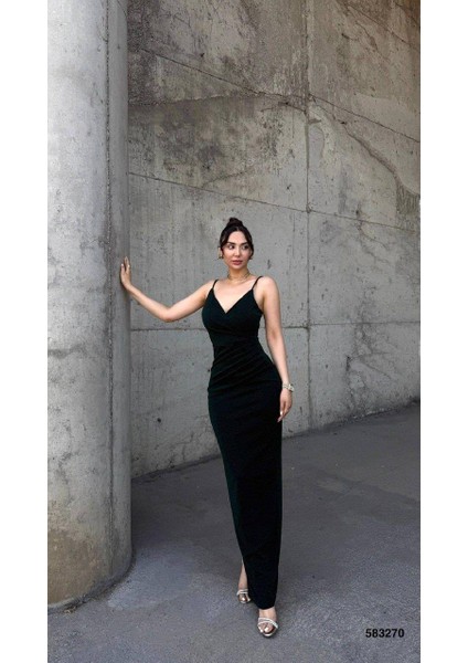 Flowers Esnek Kumaş Biye Askılı Pile Detaylı Abiye Elbise 583270 Zümrüt