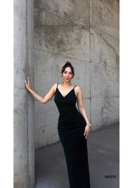 Flowers Esnek Kumaş Biye Askılı Pile Detaylı Abiye Elbise 583270 Zümrüt fiyatları